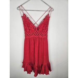 Free People FP One Adella Red Lace Crochet Smocked Ruffle Slip Dress Womens L